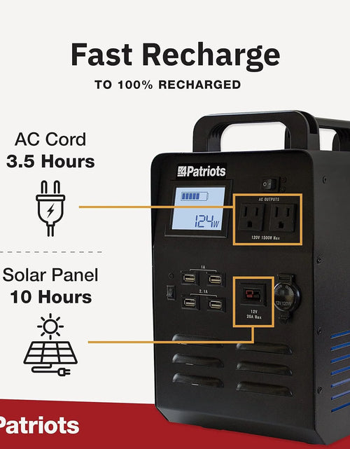 Load image into Gallery viewer, Patriot Power Generator - Fume-Free, Silent &amp; Safe Lithium-Iron-Phosphate Battery - 100-Watt Solar Panel Included- Reliable Power Source during an Outage - Quiet and Portable - 2,500 + Lifecycles
