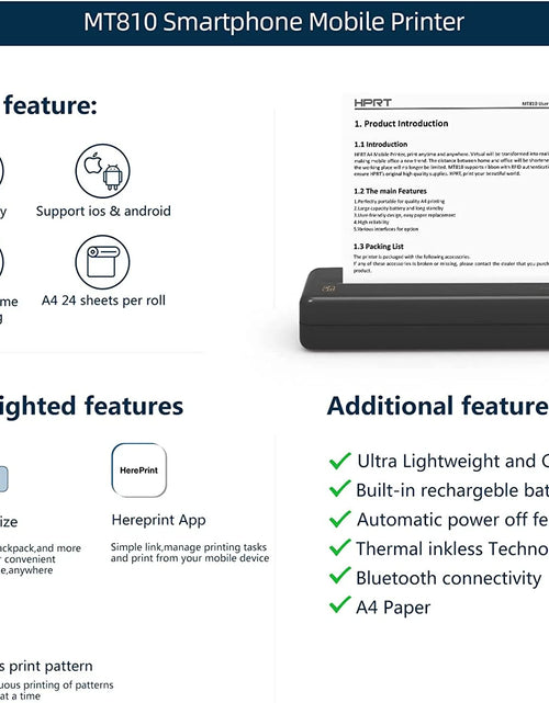Load image into Gallery viewer, HPRT MT810 Portable Printer, A4 Wireless Bluetooth Travel Printer, Thermal Printer Support 8&quot; &amp; 4&quot; Thermal Roll Paper Suitable for Home Vehincles Office Business
