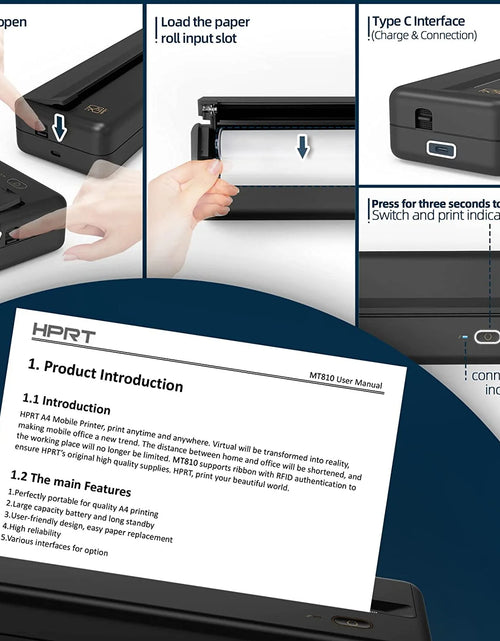 Load image into Gallery viewer, HPRT MT810 Portable Printer, A4 Wireless Bluetooth Travel Printer, Thermal Printer Support 8&quot; &amp; 4&quot; Thermal Roll Paper Suitable for Home Vehincles Office Business

